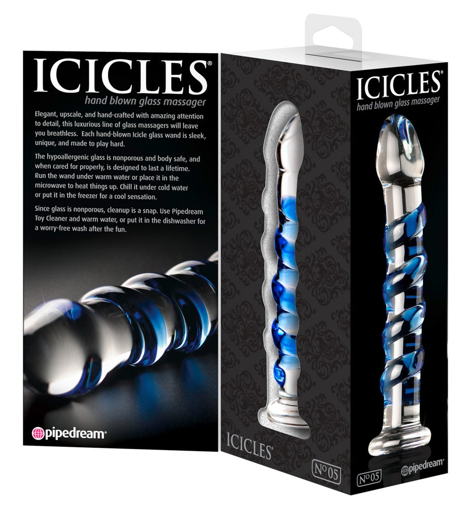 Icicles No. 5 Premium-Glasdildo mit transparenter Glasoberfläche und blauer Reizspirale, dargestellt auf der schwarzen Icicles Produktverpackung mit mehreren Produktansichten – erhältlich bei Evoria Care