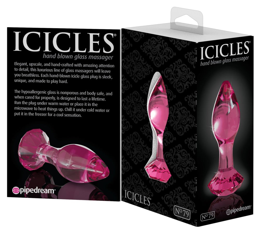 Icicles No. 79 Premium-Glas-Analplug in Pink mit tropfenförmigem Kopf und diamantförmiger Basis, dargestellt auf der schwarzen Icicles Produktverpackung mit mehreren Produktansichten – erhältlich bei Evoria Care