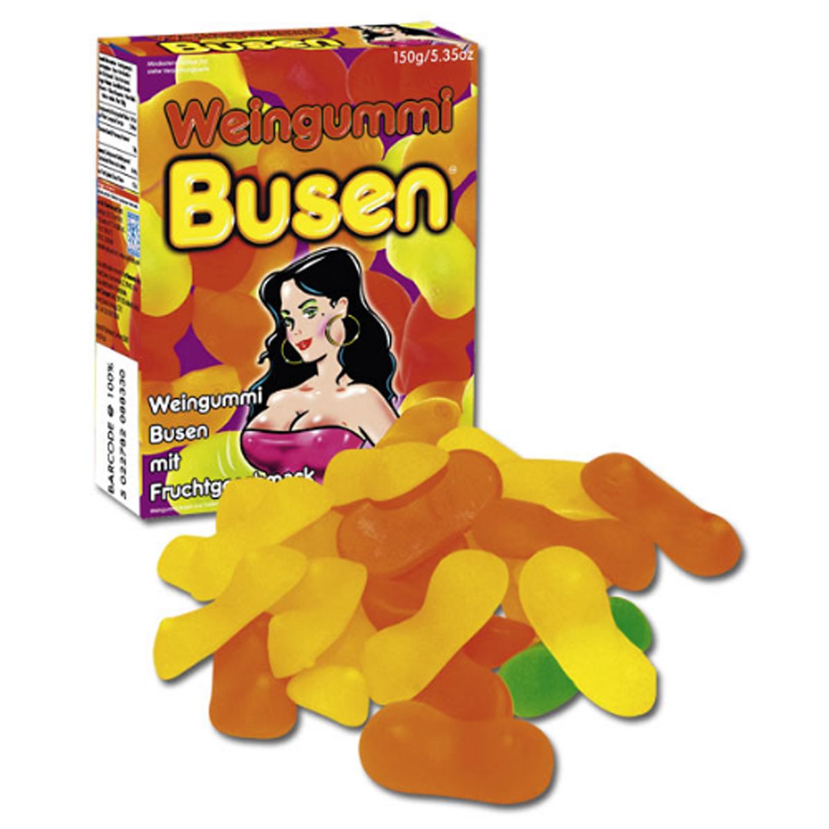 Jelly Boobs – mehrere bunte Fruchtgummi-Busen in Rot, Orange, Gelb und Grün, lose vor der farbenfrohen Jelly Boobs Originalverpackung angeordnet, mit gut sichtbaren Formen der Süßigkeiten – erhältlich bei Evoria Care