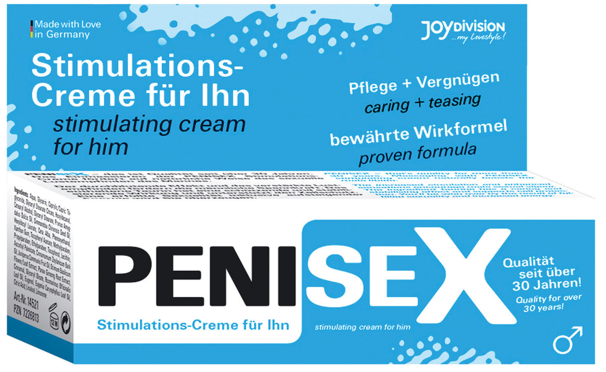 JOYDIVISION PENISEX – blau-weiße Originalverpackung der Intimcreme für Männer mit großem schwarz-blauem PENISEX Schriftzug, JOYDIVISION Markenlogo und weiteren Produktinformationen in frontaler Verpackungsansicht – erhältlich bei Evoria Care
