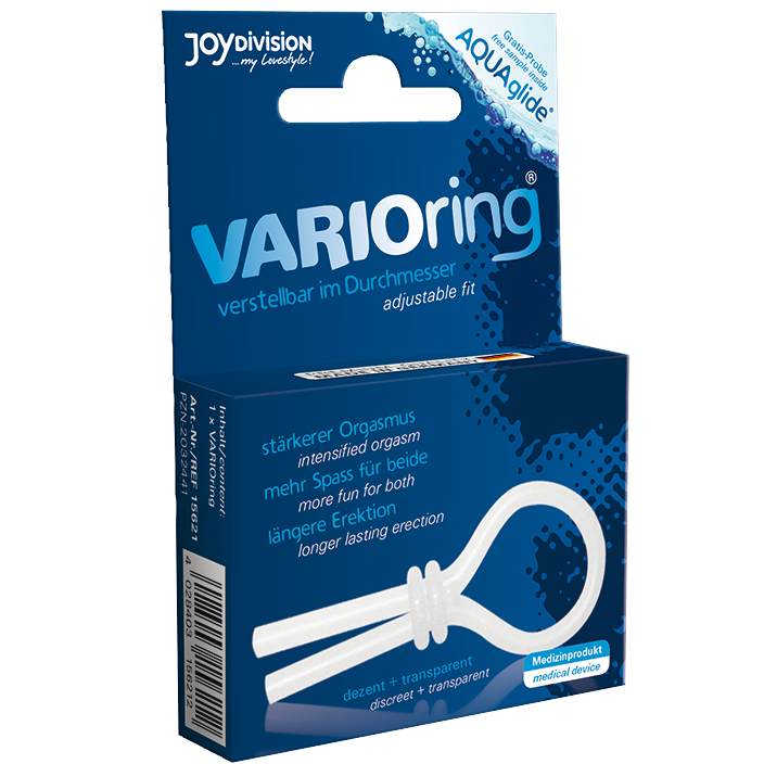 JOYDIVISION VARIOring – Rückansicht der schwarz-blauen Originalverpackung des transparenten Penisrings mit Produktabbildung, JOYDIVISION Markenlogo und VARIOring Produktbezeichnung – erhältlich bei Evoria Care