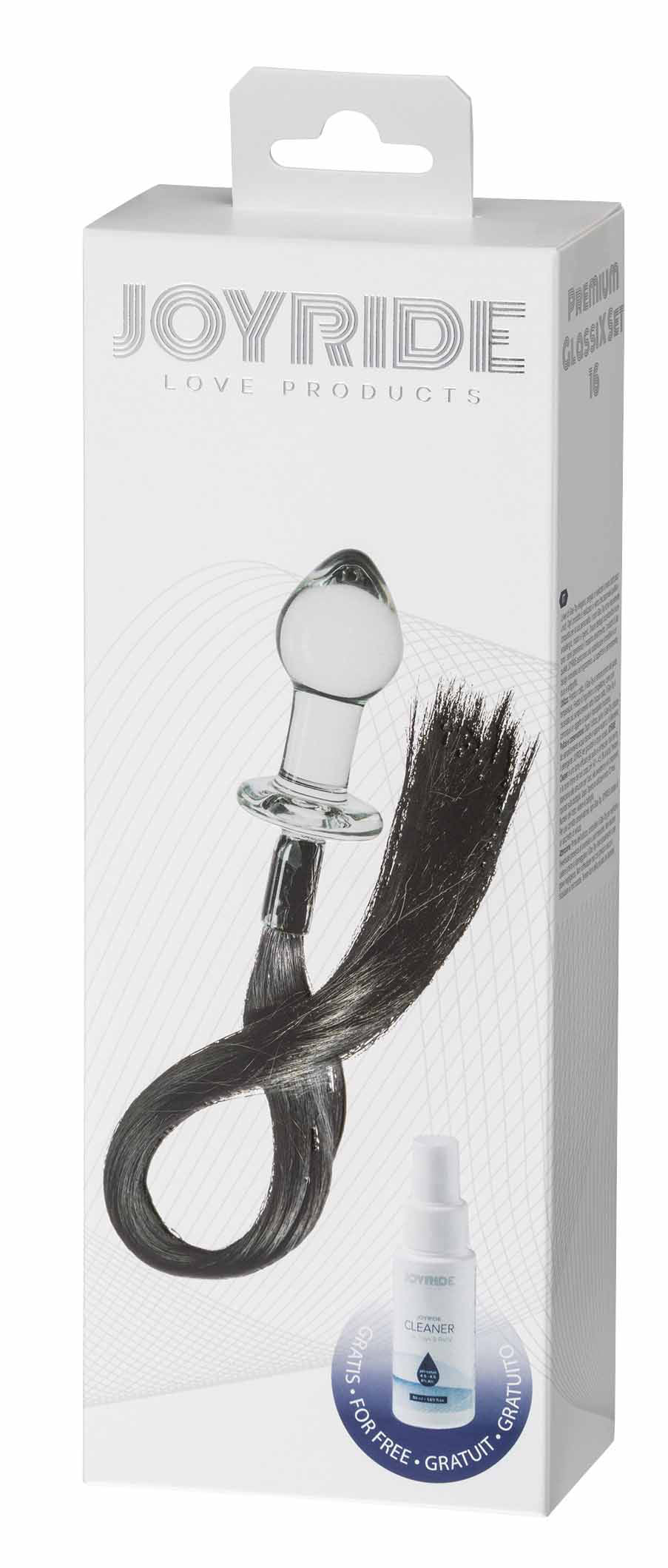JOYRIDE GlassiX Set 16 – transparente Originalverpackung mit sichtbarem Glas-Analplug, schwarzem Schweif, ringförmigem Griff und JOYRIDE Markenbeschriftung – erhältlich bei Evoria Care