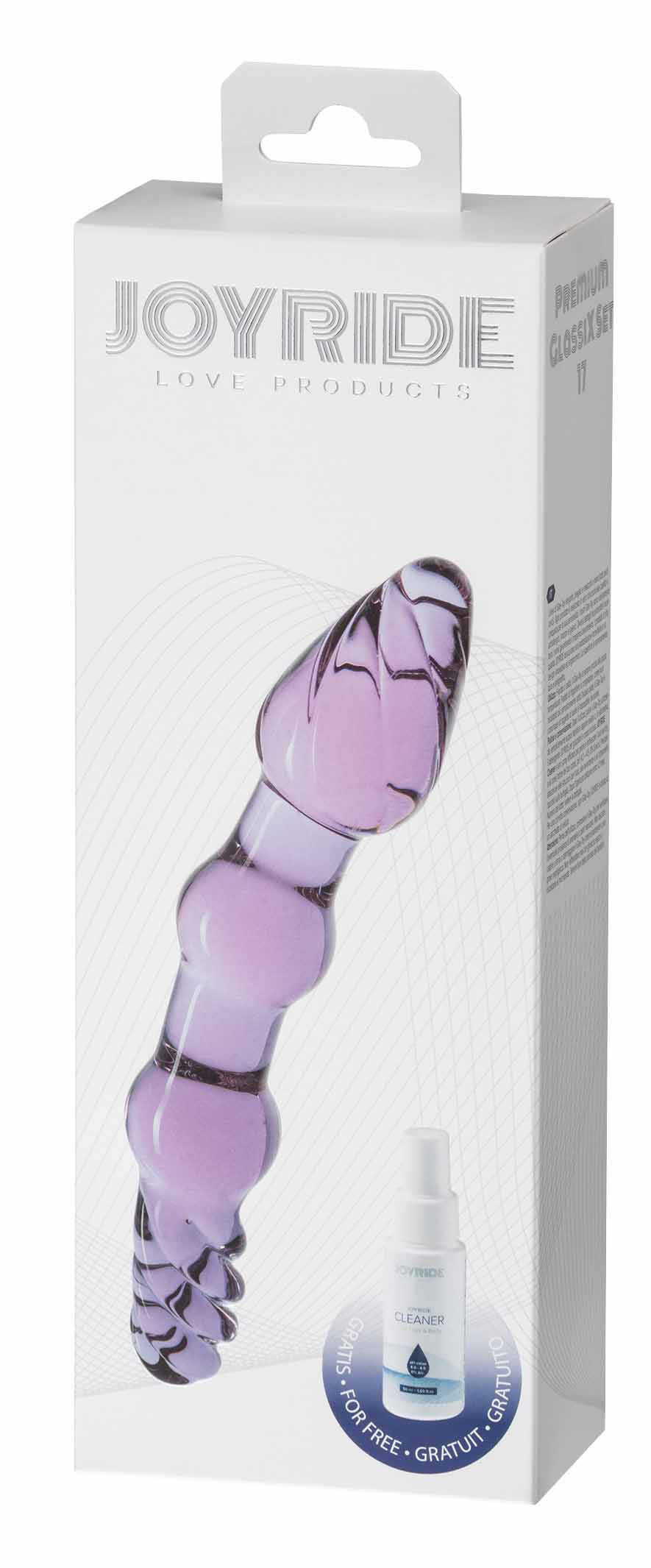 JOYRIDE GlassiX Set 17 – transparente Originalverpackung mit sichtbarem lilafarbenem Glasdildo, geschwungenem Schaft, mehreren Verdickungen und JOYRIDE Markenbeschriftung – erhältlich bei Evoria Care