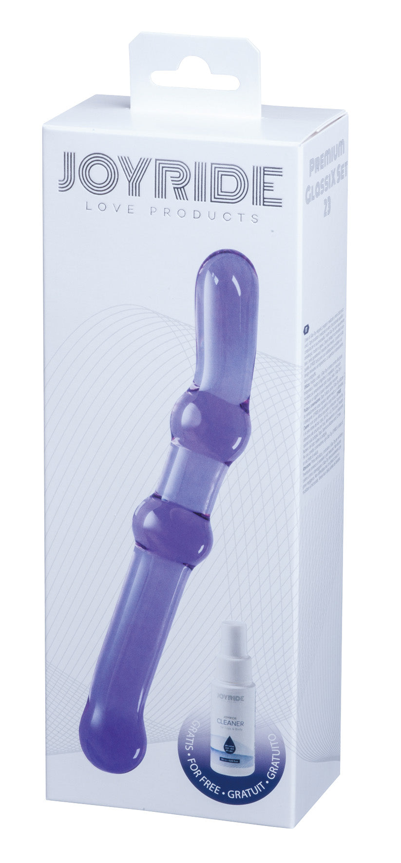 JOYRIDE Premium GlassiX Set 23 – transparente Originalverpackung mit sichtbarem lilafarbenem Glasdildo, strukturiertem Schaft und JOYRIDE Markenbeschriftung – erhältlich bei Evoria Care