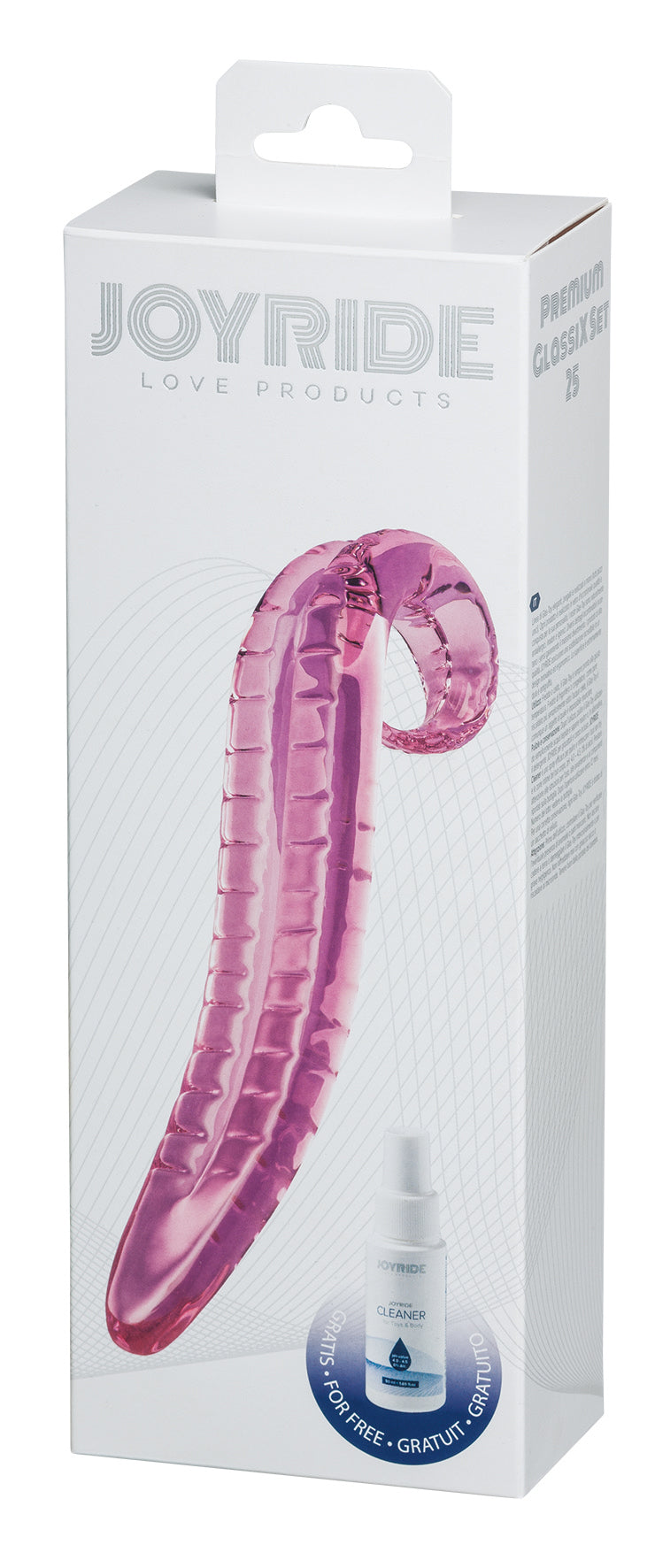 JOYRIDE Premium GlassiX Set 25 – transparente Originalverpackung mit sichtbarem pinkfarbenem Glasdildo in gebogener Form und JOYRIDE Produktbeschriftung – erhältlich bei Evoria Care