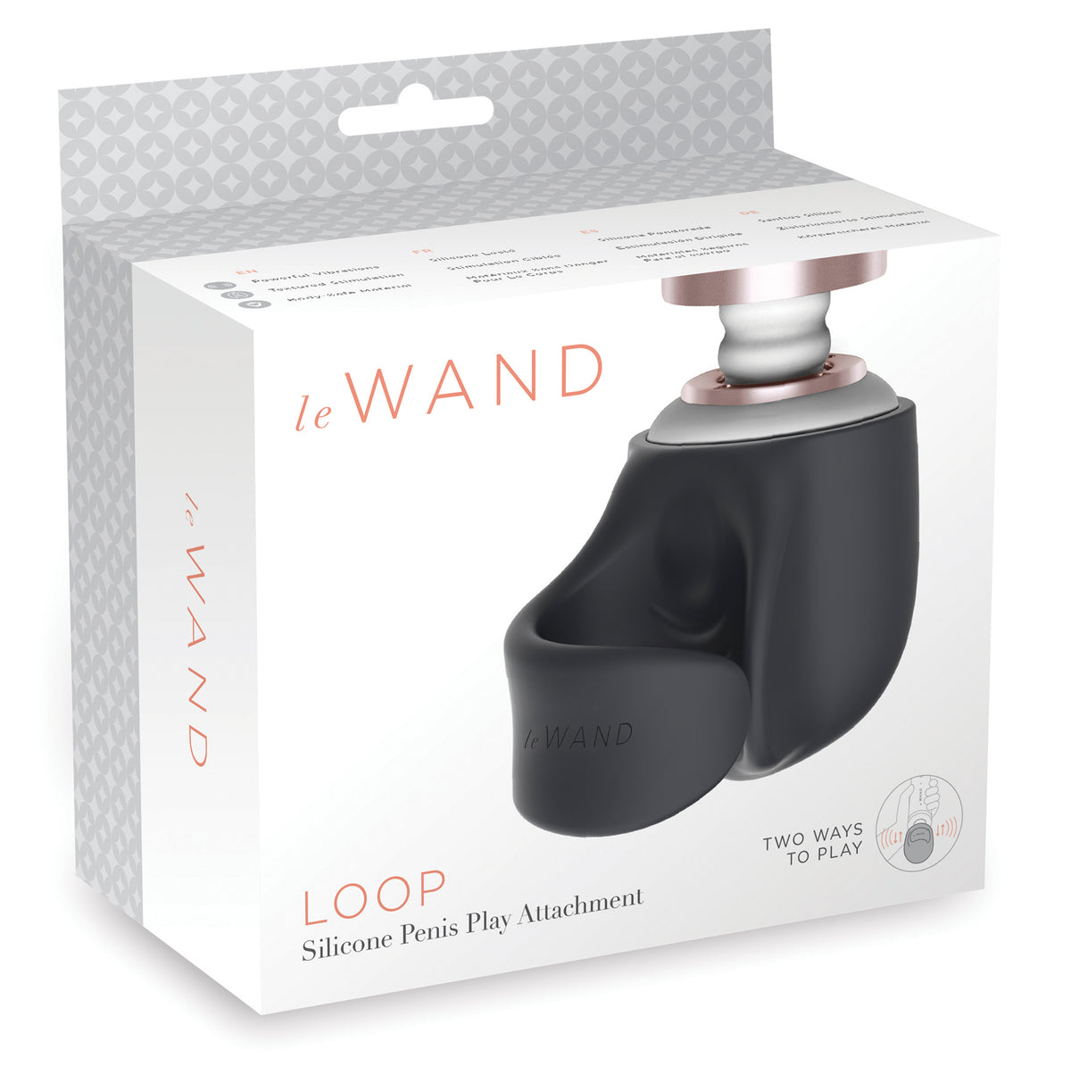 Le Wand Loop Silikonaufsatz für Penis-Stimulation in Grau mit ovaler Öffnung, dargestellt in transparenter Verkaufsverpackung mit weißem Le Wand Produktetikett – erhältlich bei Evoria Care
