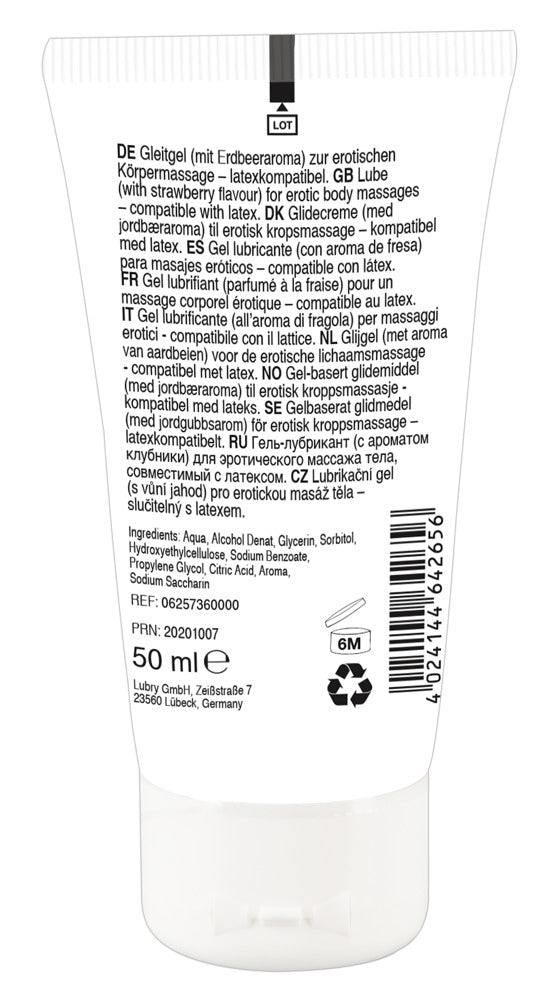 Lick it! Strawberry wasserbasiertes Gleitgel – Rückansicht der weißen Tube mit Produktinformationen und Anwendungshinweisen – erhältlich bei Evoria Care
