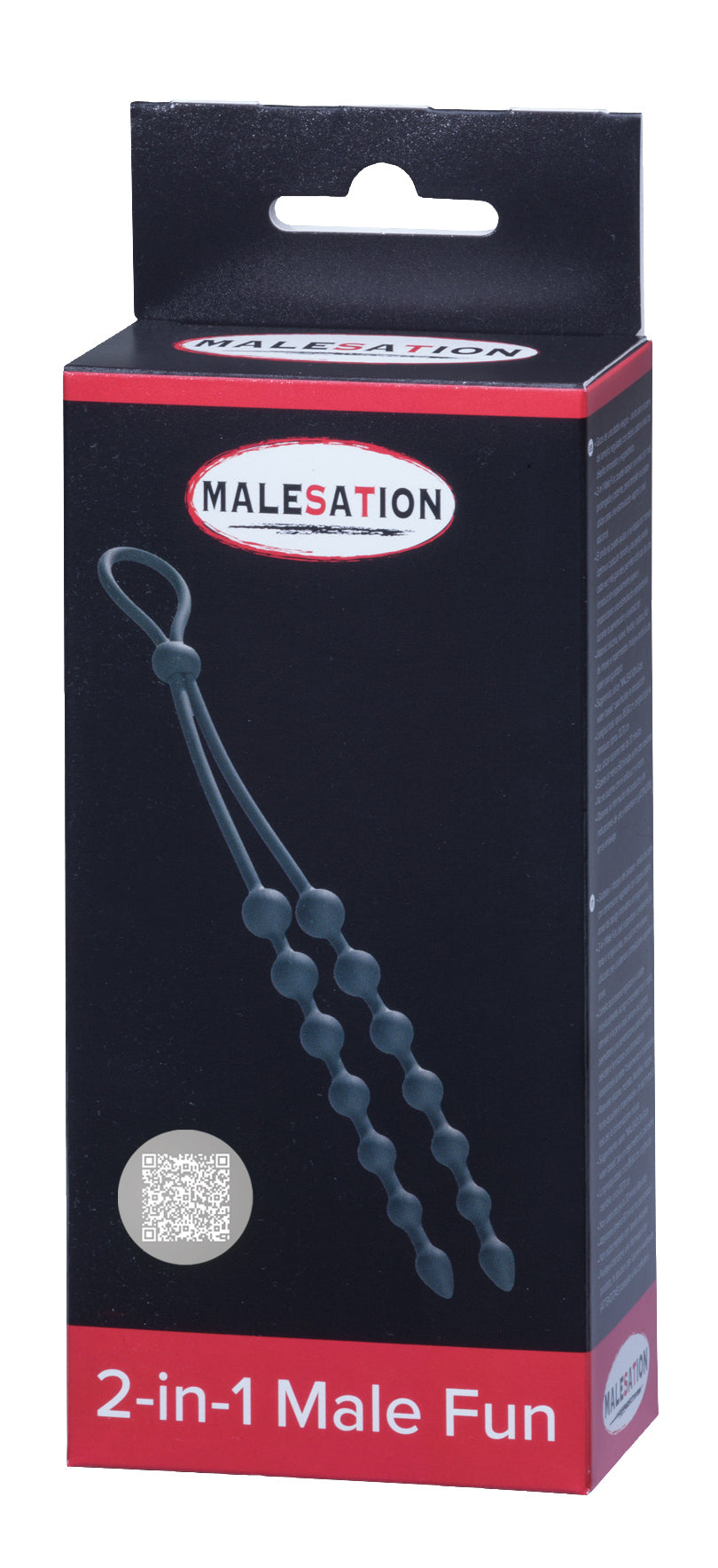 MALESATION 2-in-1 Male Fun – schwarz-rote Originalverpackung des verstellbaren Penisrings mit zwei Analperlensträngen, Produktabbildung, MALESATION Markenlogo und Modellbezeichnung 2-in-1 Male Fun – erhältlich bei Evoria Care