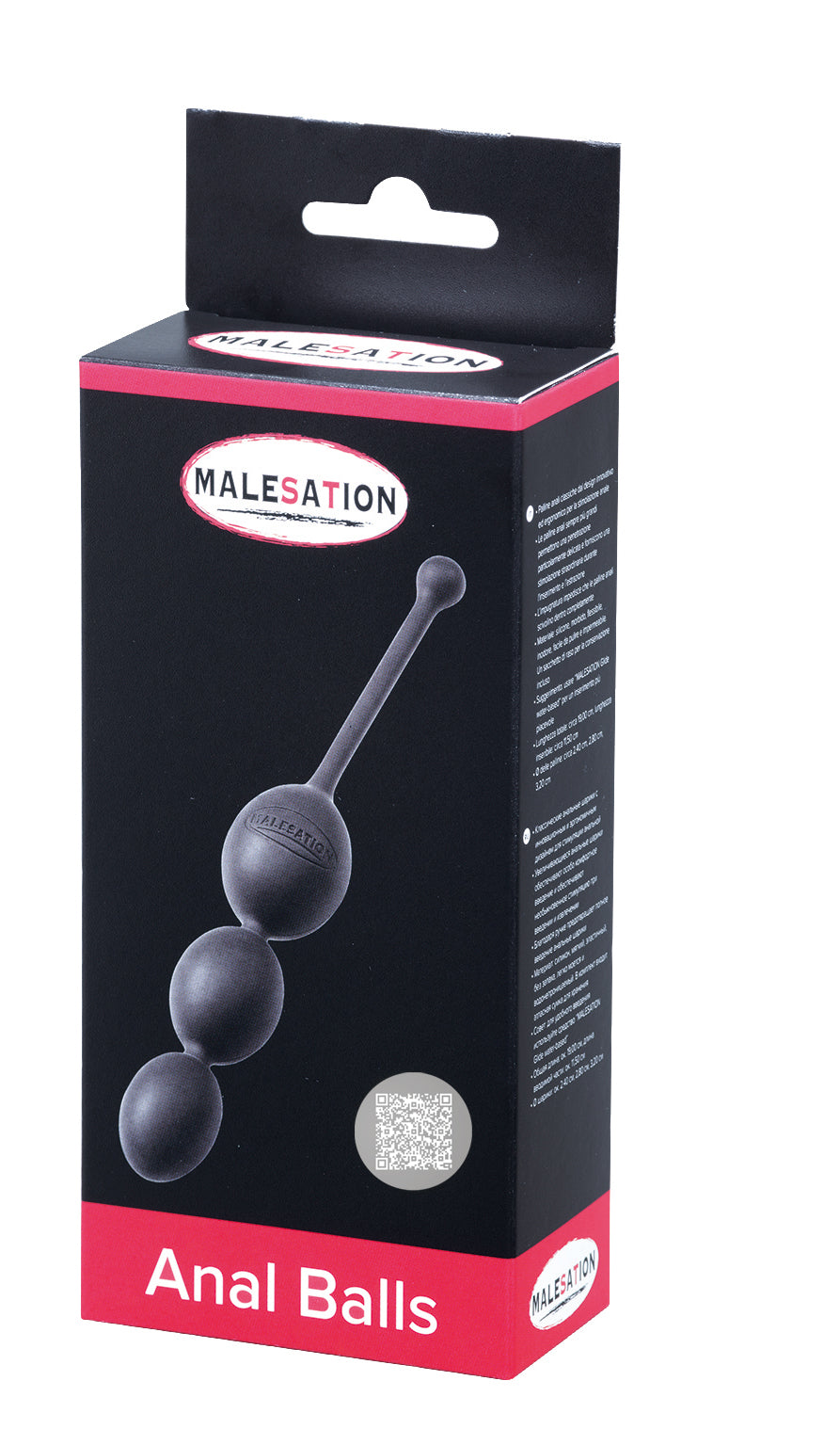 MALESATION Anal Balls – schwarz-rote Originalverpackung der Silikon-Analkette mit drei Kugeln, Produktabbildung, MALESATION Markenlogo und Modellbezeichnung Anal Balls – erhältlich bei Evoria Care
