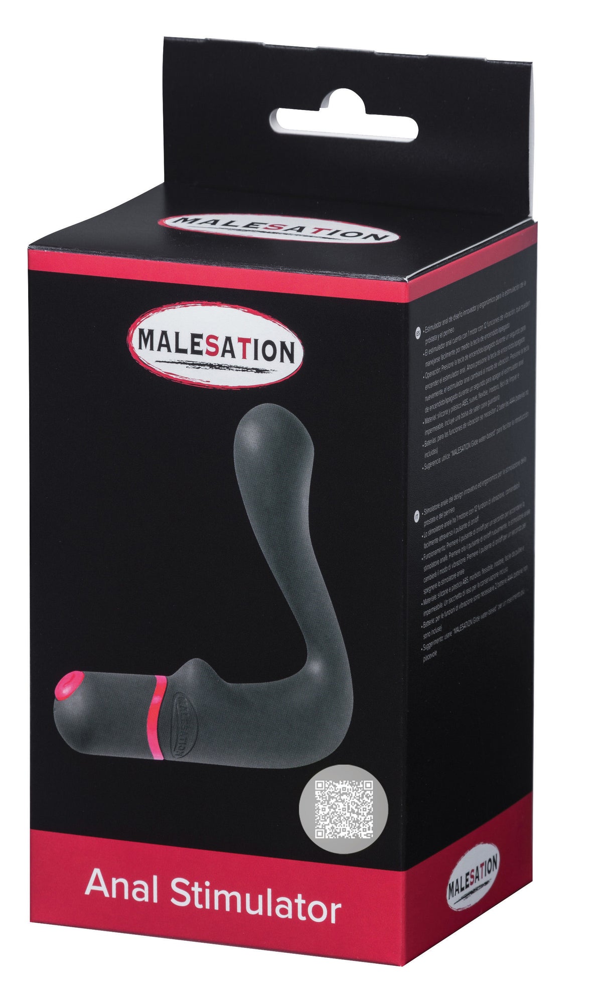 MALESATION Anal Stimulator – schwarz-rote Originalverpackung des ergonomischen P-Punkt-Vibrators mit Produktabbildung, MALESATION Markenlogo und Modellbezeichnung Anal Stimulator – erhältlich bei Evoria Care
