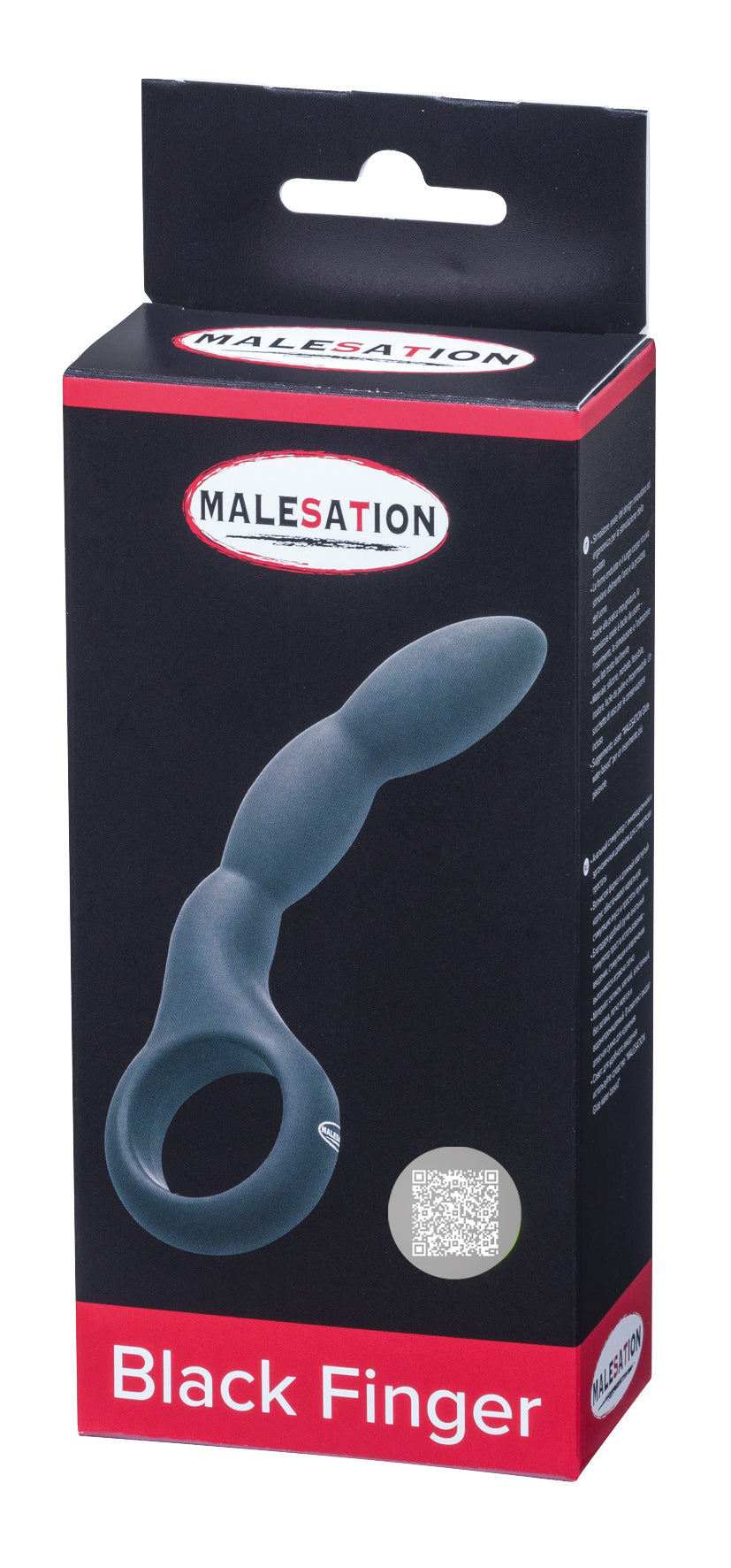 MALESATION Black Finger – schwarz-rote Originalverpackung des Analstimulators mit Produktabbildung, MALESATION Markenlogo und Modellbezeichnung Black Finger – erhältlich bei Evoria Care