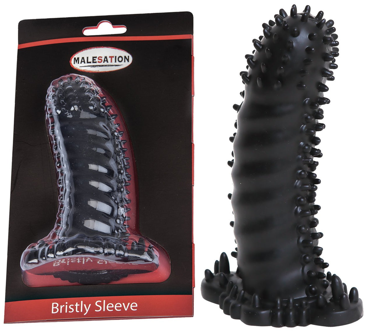 MALESATION Bristly Sleeve – schwarze Penishülle mit zahlreichen weichen, dicht angeordneten Stimulationsnoppen, länglichem leicht gebogenem Schaft, abgerundeter Spitze und verbreiterter Basis neben der schwarz-roten Originalverpackung mit Produktabbildung und MALESATION Markenlogo – erhältlich bei Evoria Care