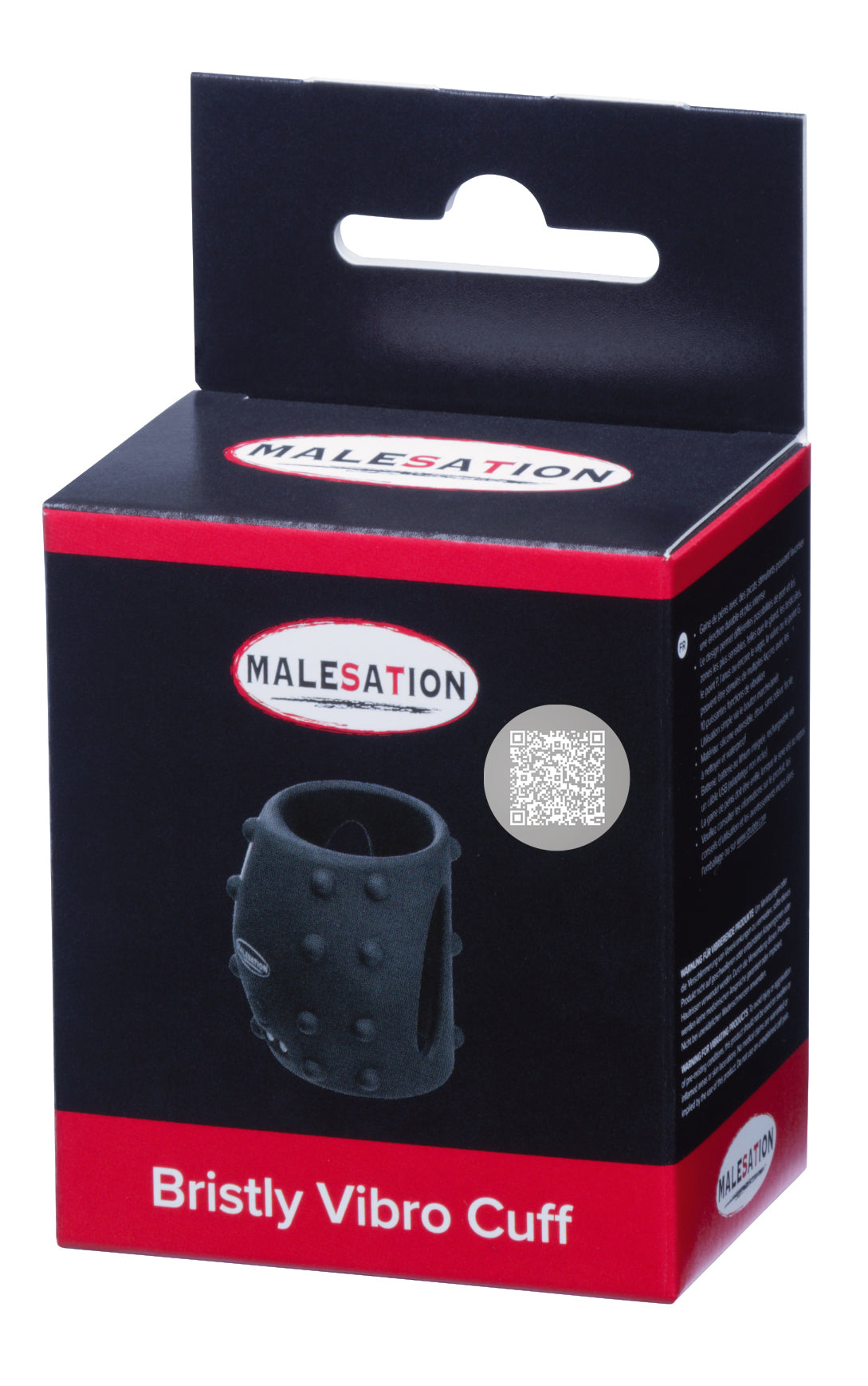 MALESATION Bristly Vibro Cuff – schwarz-rote Originalverpackung der vibrierenden Penismanschette mit Produktabbildung, MALESATION Markenlogo und Modellbezeichnung Bristly Vibro Cuff – erhältlich bei Evoria Care