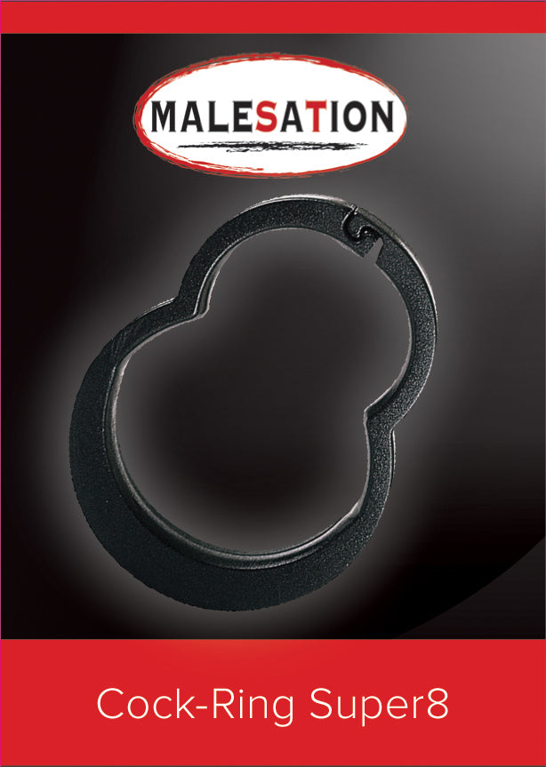 MALESATION Cock-Ring Super8 – schwarz-rote Originalverpackung des Penis- und Hodenrings mit Produktabbildung, MALESATION Markenlogo und Modellbezeichnung Cock-Ring Super8 – erhältlich bei Evoria Care