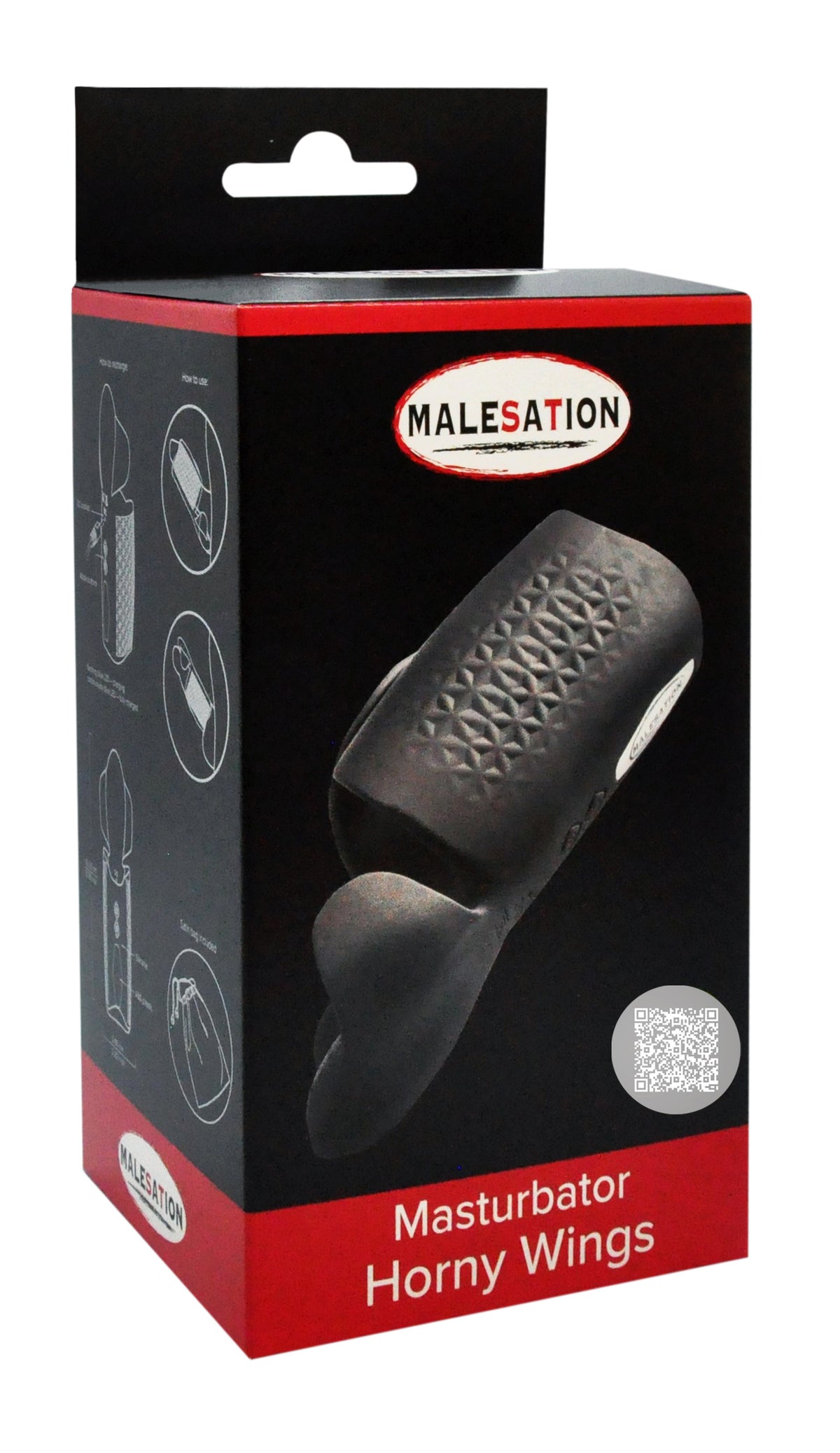 MALESATION Horny Wings – schwarz-rote Originalverpackung des vibrierenden Masturbators mit Produktabbildung, Markenlogo und Modellbezeichnung Horny Wings – erhältlich bei Evoria Care
