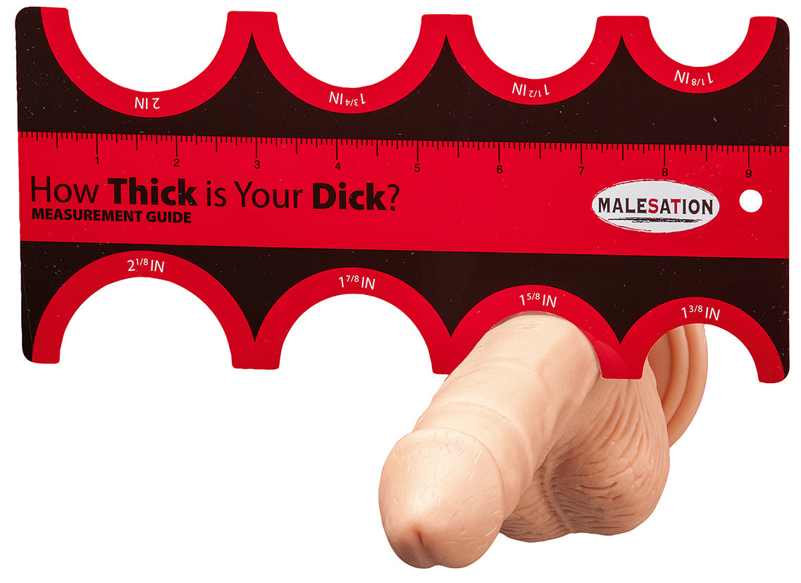 MALESATION Measurement Guide – Nahaufnahme der rot-schwarzen Penismesshilfe mit halbrunden Messöffnungen und schematischer Darstellung der Durchmesserbestimmung am Penis – erhältlich bei Evoria Care