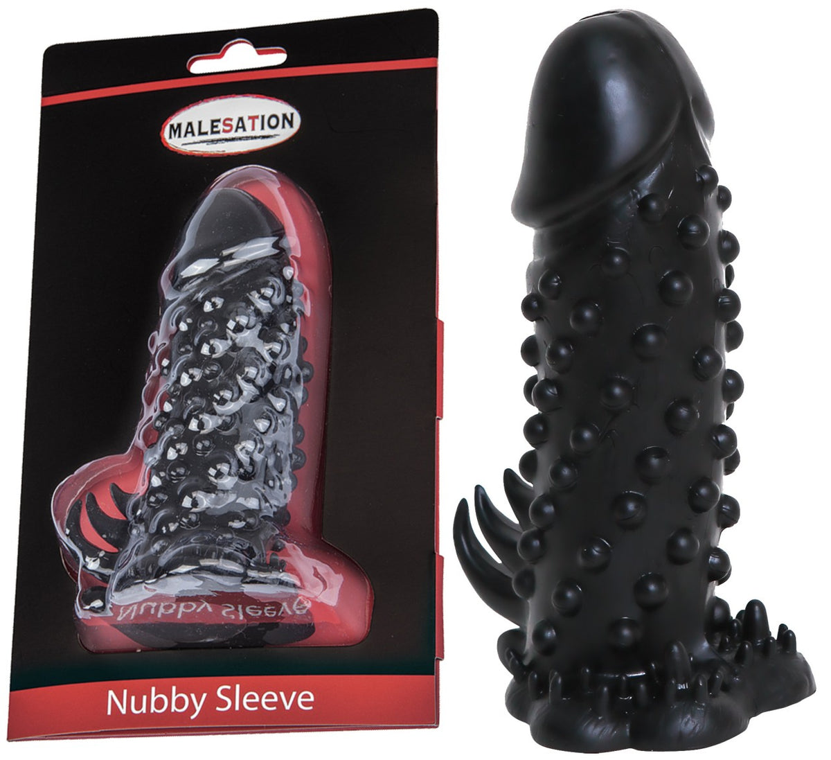 MALESATION Nubby Sleeve – schwarzer Penisüberzieher mit zahlreichen erhabenen Stimulationsnoppen, abgerundeter Spitze und breiter Basis neben der schwarz-roten Originalverpackung mit Produktabbildung und MALESATION Markenlogo – erhältlich bei Evoria Care