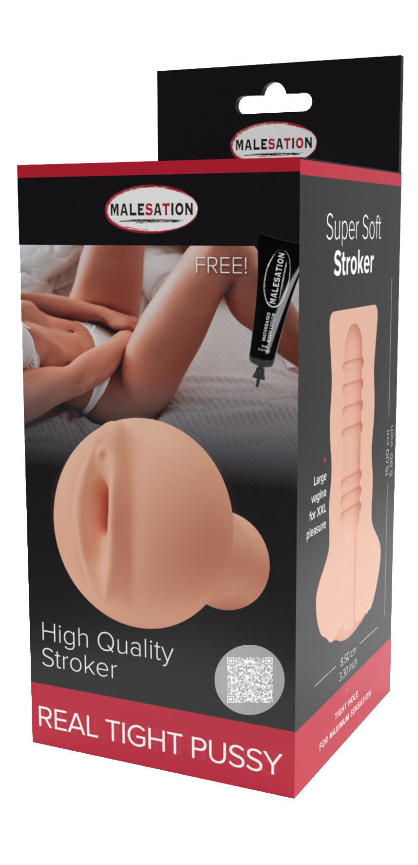 MALESATION Real Tight Pussy Stroker – schwarz-rote Originalverpackung des Vaginal-Masturbators mit Produktabbildung und Markenbeschriftung auf der Vorderseite – erhältlich bei Evoria Care