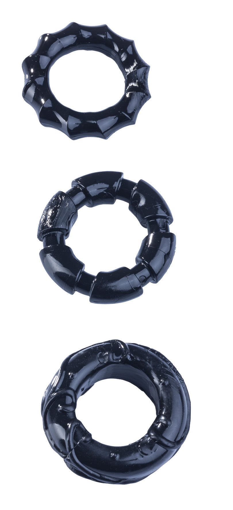 MALESATION Stretchy Cock Rings – drei schwarze TPE-Penisringe mit unterschiedlichen Ringgrößen und ausgeprägten Noppenstrukturen, untereinander auf weißem Hintergrund dargestellt – erhältlich bei Evoria Care