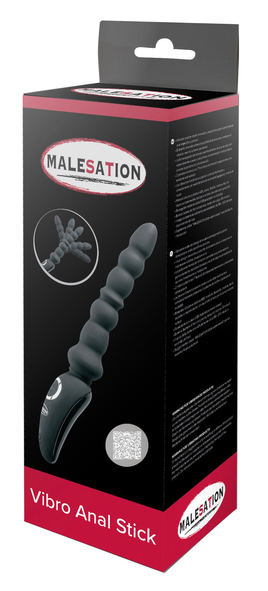 MALESATION Vibro Anal Stick – schwarz-rote Originalverpackung des biegsamen Analvibrators mit Produktabbildung, MALESATION Markenlogo und Modellbezeichnung Vibro Anal Stick – erhältlich bei Evoria Care