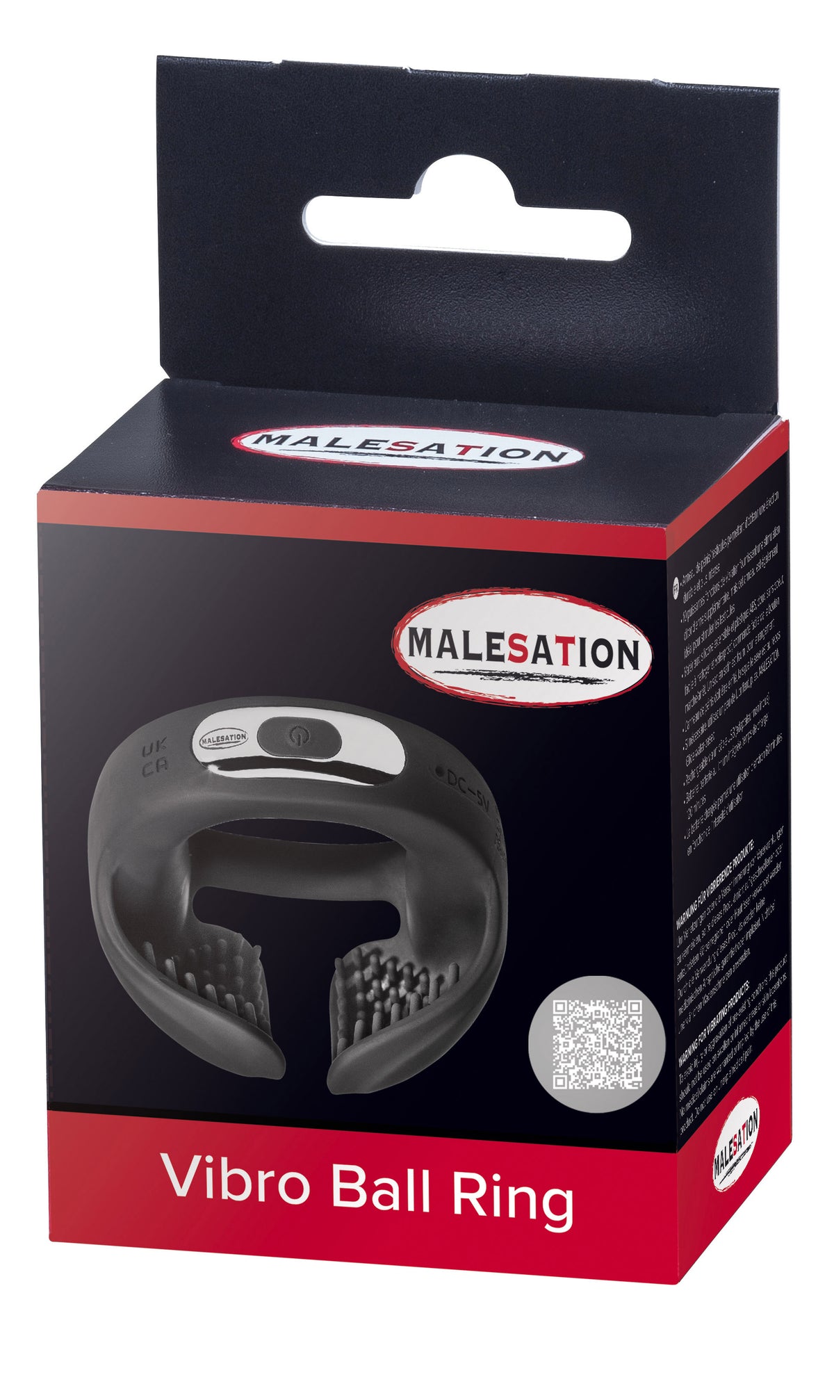 MALESATION Vibro Ball Ring – schwarz-rote Originalverpackung des vibrierenden Penis- und Hodenrings mit Produktabbildung, MALESATION Markenlogo und Modellbezeichnung Vibro Ball Ring – erhältlich bei Evoria Care