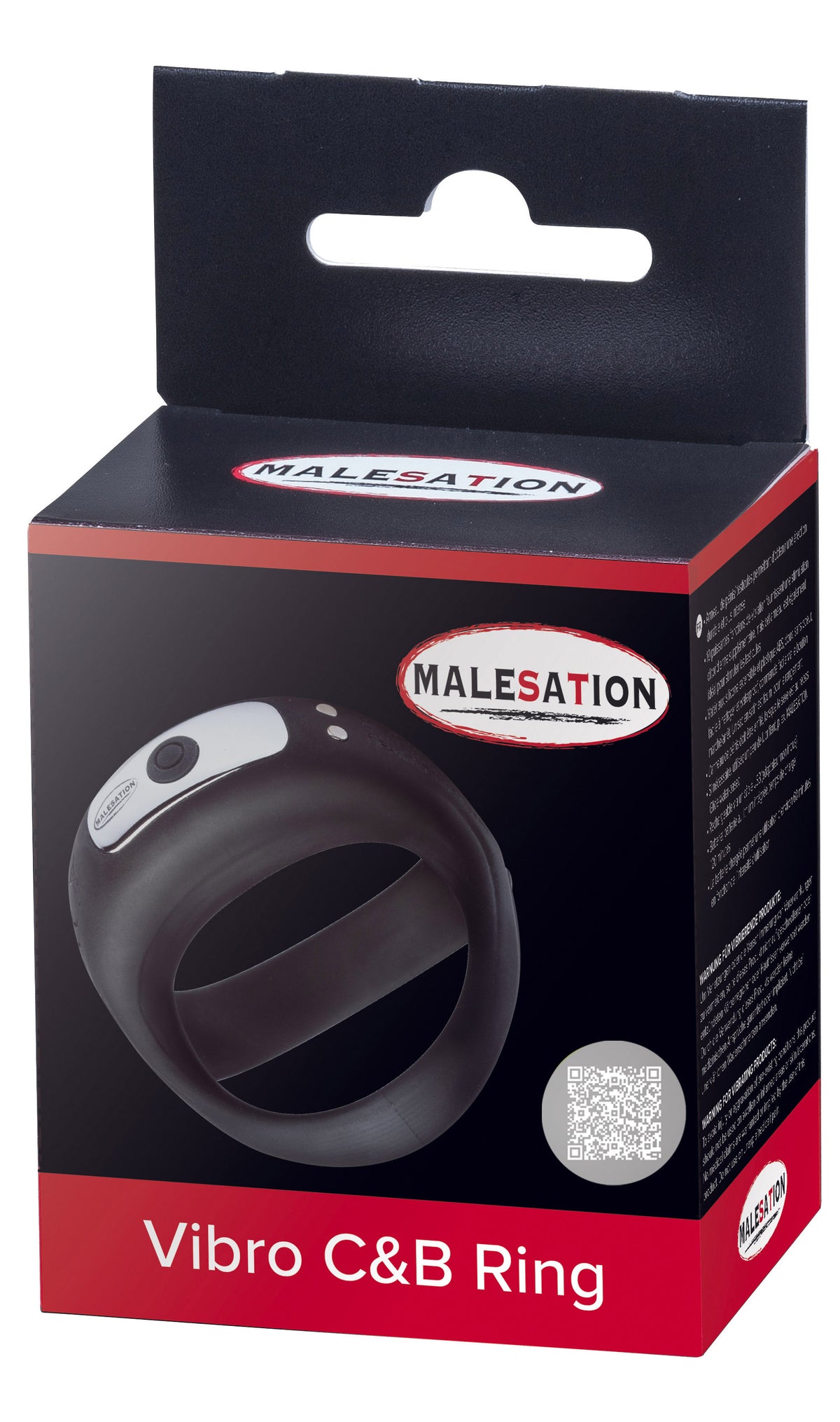 MALESATION Vibro C&B Ring – schwarz-rote Originalverpackung des vibrierenden Penis- und Hodenrings mit Produktabbildung, MALESATION Markenlogo und Modellbezeichnung Vibro C&B Ring – erhältlich bei Evoria Care