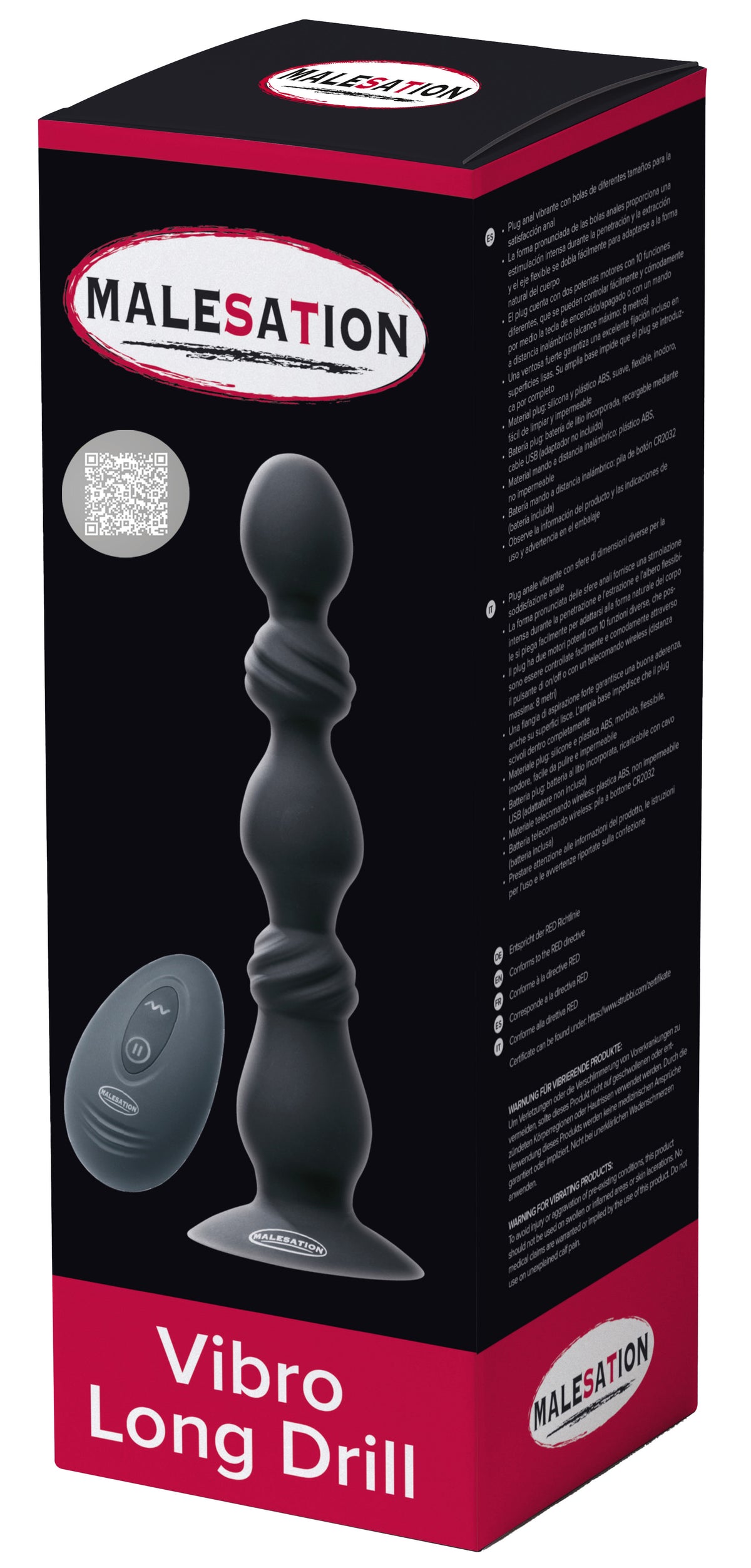 MALESATION Vibro Long Drill – schwarz-rote Originalverpackung des flexiblen Analvibrators mit Produktabbildung, MALESATION Markenlogo und Modellbezeichnung Vibro Long Drill – erhältlich bei Evoria Care