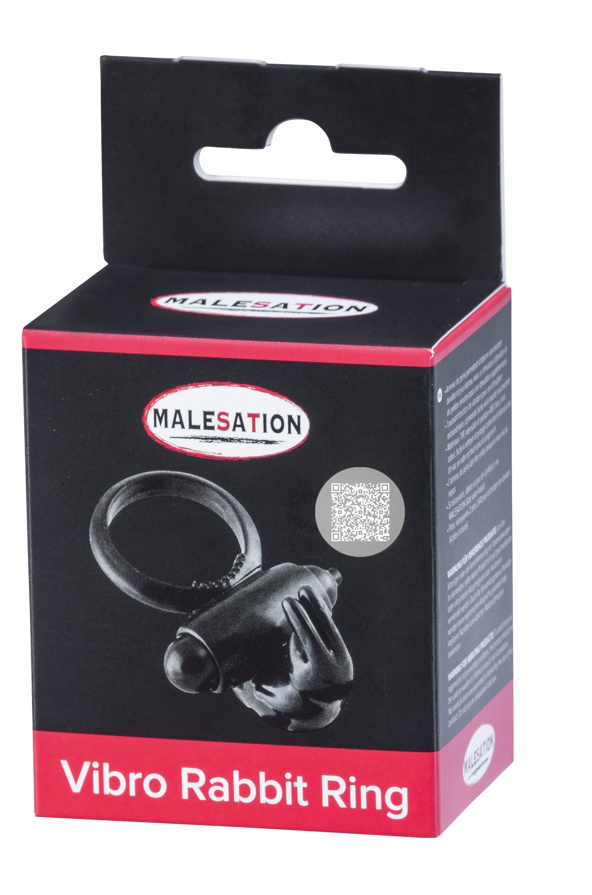 MALESATION Vibro-Rabbit-Ring – schwarz-rote Originalverpackung des Rabbit-Vibrationsrings mit Produktabbildung, MALESATION Markenlogo und Modellbezeichnung Vibro Rabbit Ring – erhältlich bei Evoria Care