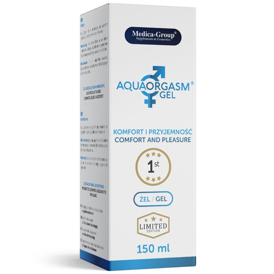 Medica-Group AquaOrgasm – weiße rechteckige Originalverpackung des wasserbasierten Intimgels mit blauem AquaOrgasm Schriftzug, türkisfarbenen Designelementen und dunkelblauem Medica-Group Markenlogo in frontaler Ansicht auf weißem Hintergrund – erhältlich bei Evoria Care