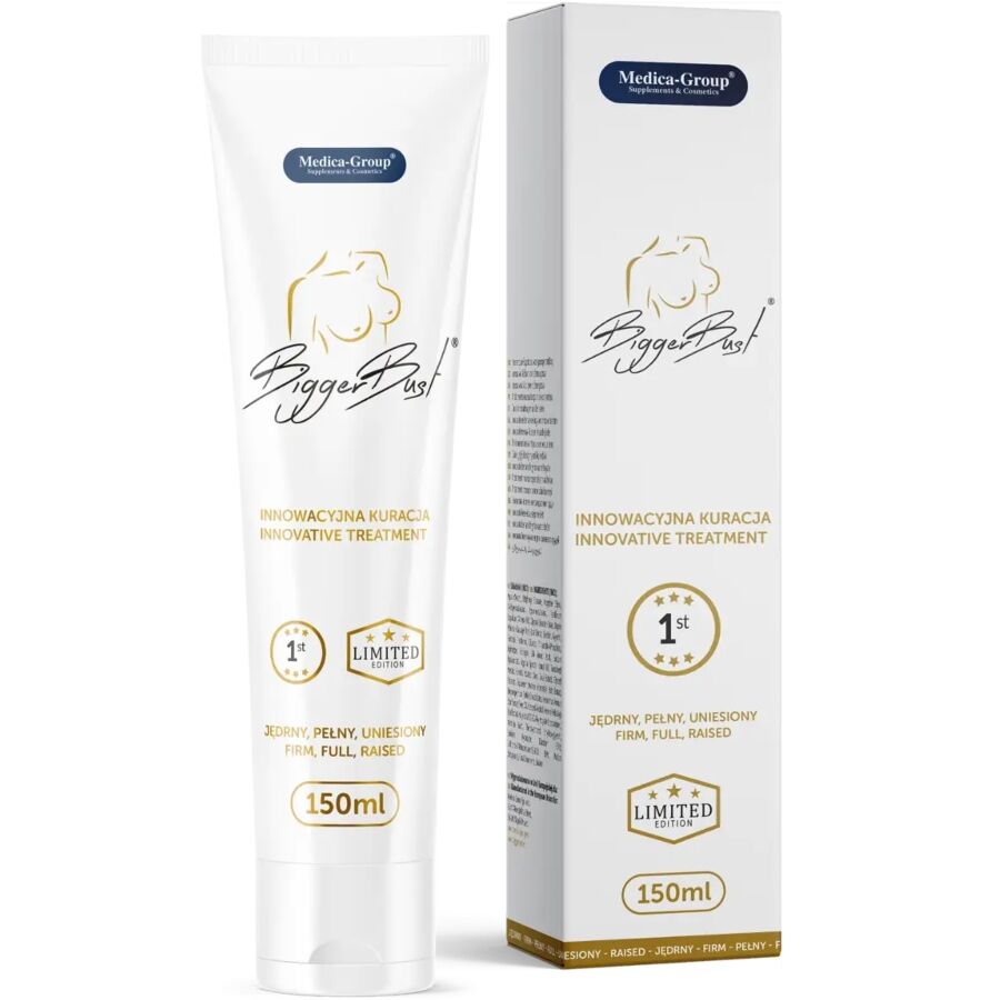 Medica-Group BiggerBust – weiße Tube des straffenden Pflegeserums mit goldfarbenem Motiv und weißem Verschluss, gemeinsam mit der weiß-goldenen Originalverpackung in einer weiteren aufrechten Produktansicht – erhältlich bei Evoria Care