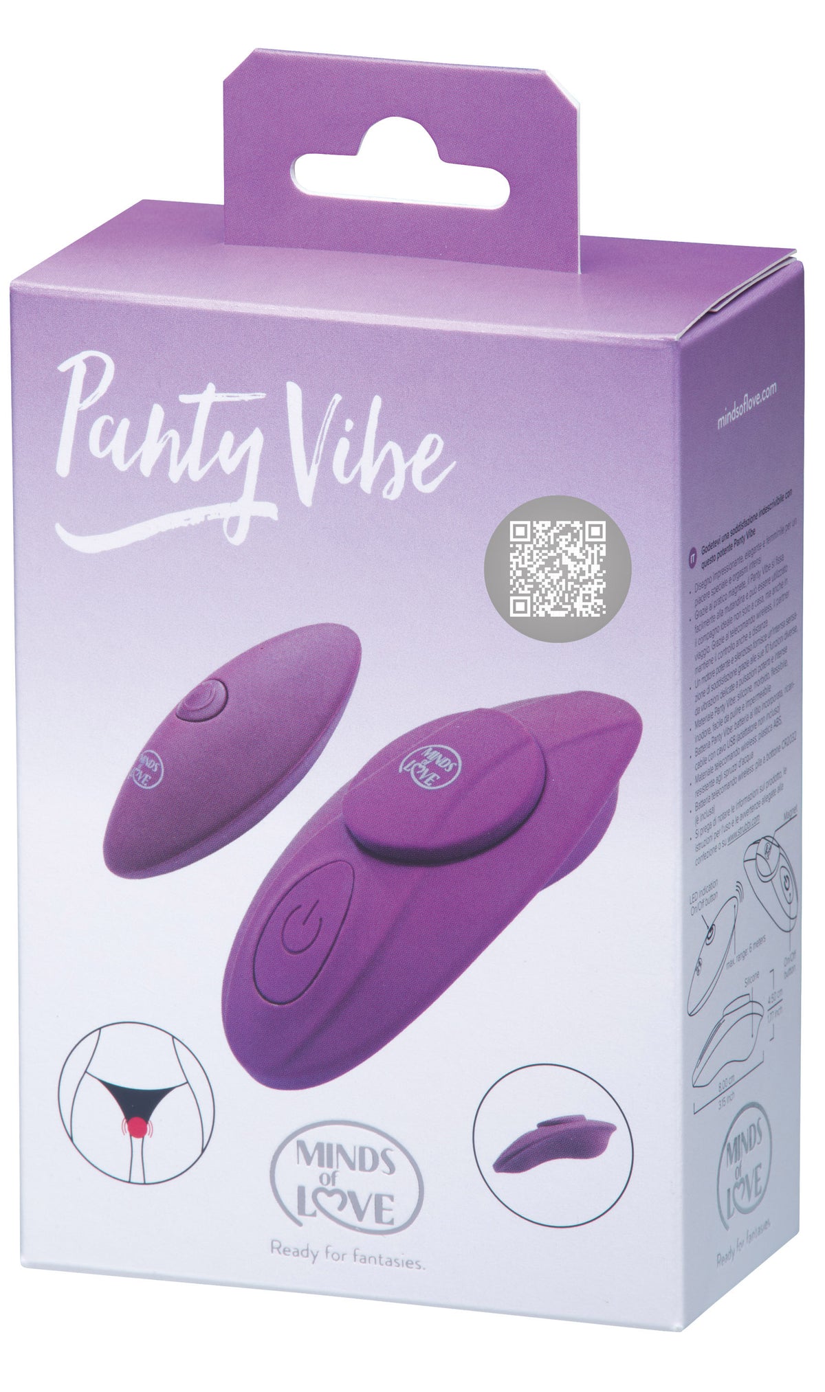 MINDS of LOVE Panty Vibe mit Funkfernbedienung in violetter Originalverpackung mit Abbildungen des lilafarbenen Panty-Vibrators und der separaten Fernbedienung – erhältlich bei Evoria Care