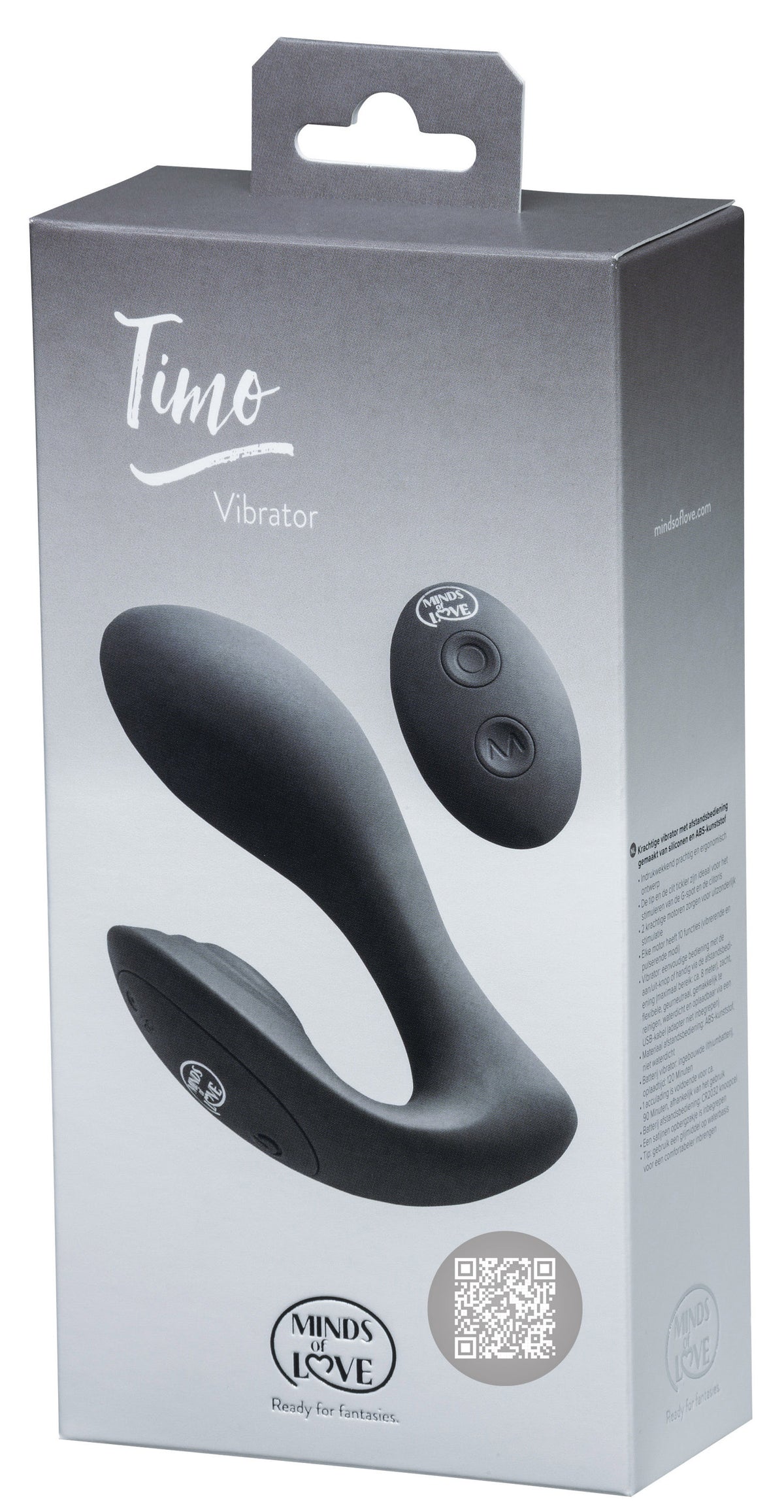 MINDS of LOVE Timo Rabbit-Vibrator mit Funkfernbedienung in grau-weißer Originalverpackung mit Abbildungen des dunkelblauen Vibrators und der schwarzen Fernbedienung – erhältlich bei Evoria Care