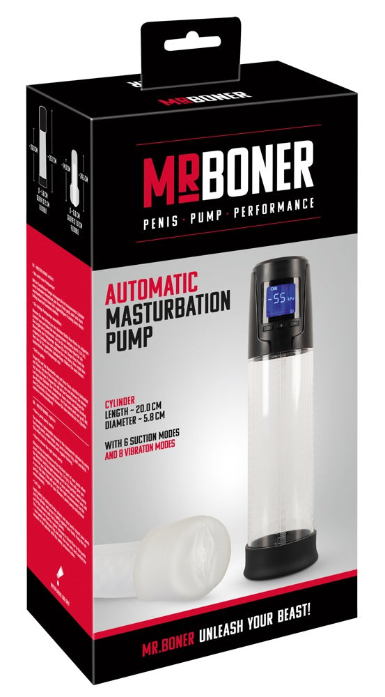 Mister Boner Automatic Masturbation Pump mit Vibro-Sleeve – automatische Penispumpe zusammen mit der Mister Boner Produktverpackung – erhältlich bei Evoria Care
