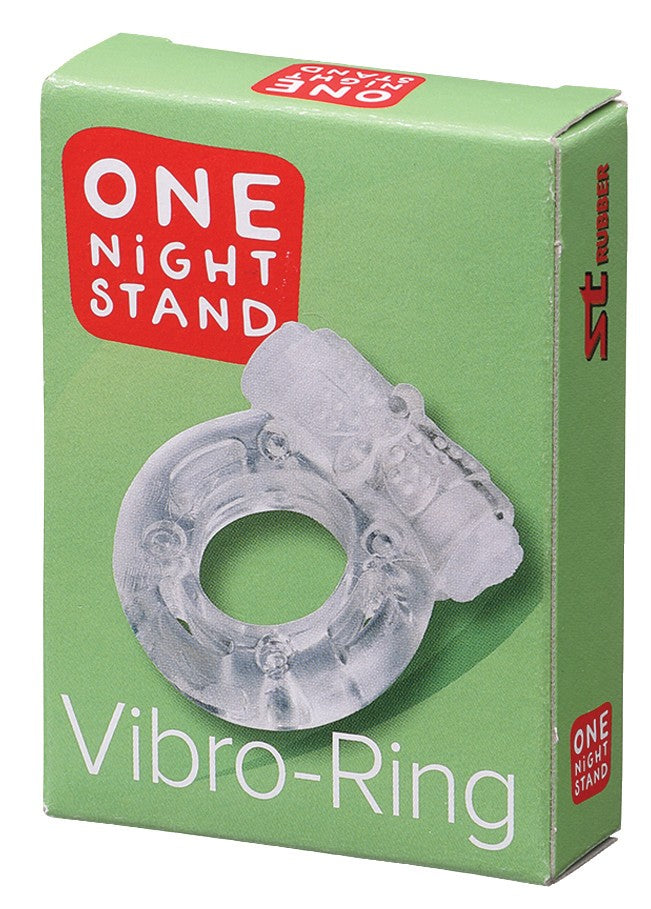 ONE NIGHT STAND Vibro-Ring – grüne Originalverpackung des vibrierenden Penisrings mit Abbildung eines transparenten, strukturierten Vibrationsrings mit runder Öffnung, rotem ONE NIGHT STAND Schriftzug und Vibro-Ring Produktbezeichnung – erhältlich bei Evoria Care