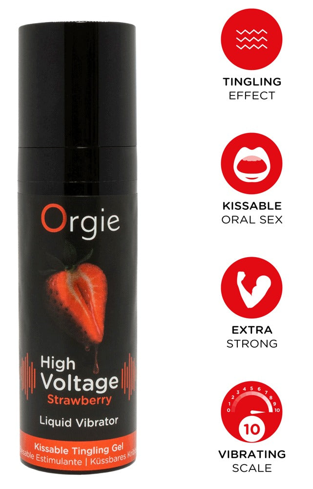 Orgie High Voltage Strawberry Stimulationsgel mit Erdbeergeschmack in schwarzer Flasche mit rotem High-Voltage-Motiv und vier seitlich angeordneten Informationssymbolen zu den Produkteigenschaften – erhältlich bei Evoria Care