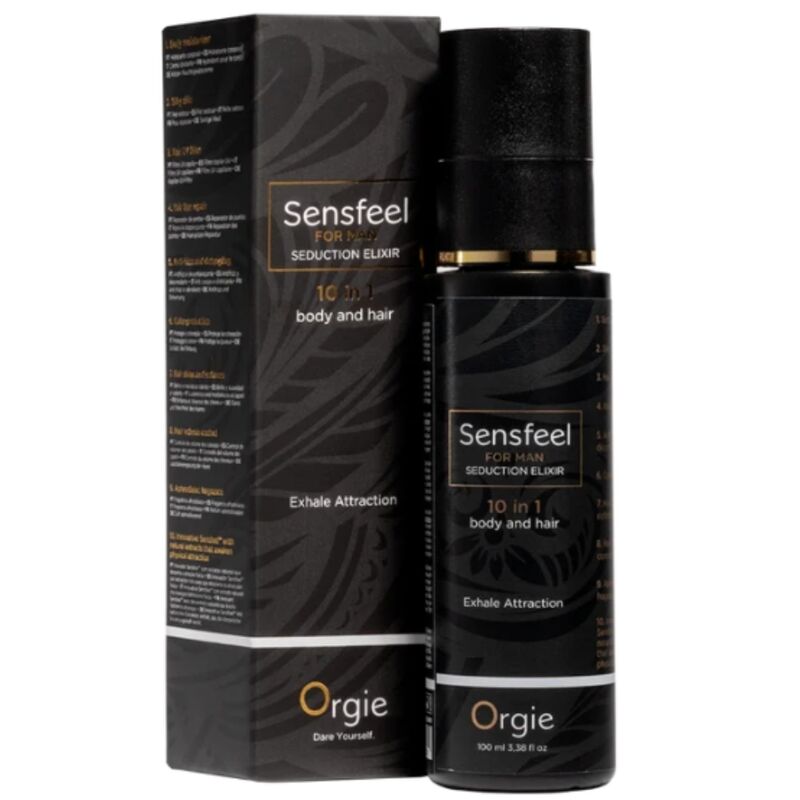 ORGIE Sensfeel for Man – schwarze Flasche der Pheromon-Körper- und Haarlotion neben der schwarzen Originalverpackung mit goldfarbenen Designelementen in einer dunklen Produktinszenierung – erhältlich bei Evoria Care