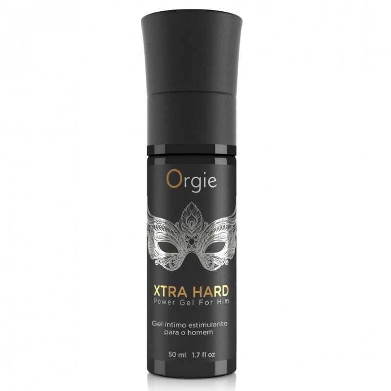 ORGIE Xtra Hard Power Gel – schwarzer Pumpspender des stimulierenden Penisgels für Männer mit goldfarbenem Xtra Hard Power Gel Schriftzug, dezenten grafischen Elementen und schwarzem Verschluss in aufrechter Vorderansicht auf weißem Hintergrund – erhältlich bei Evoria Care