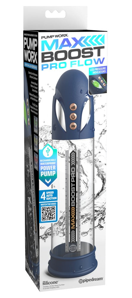 Pump Worx Max Boost Pro Flow Automatik-Penispumpe – Produkt zusammen mit der Pump Worx Verkaufsverpackung – erhältlich bei Evoria Care