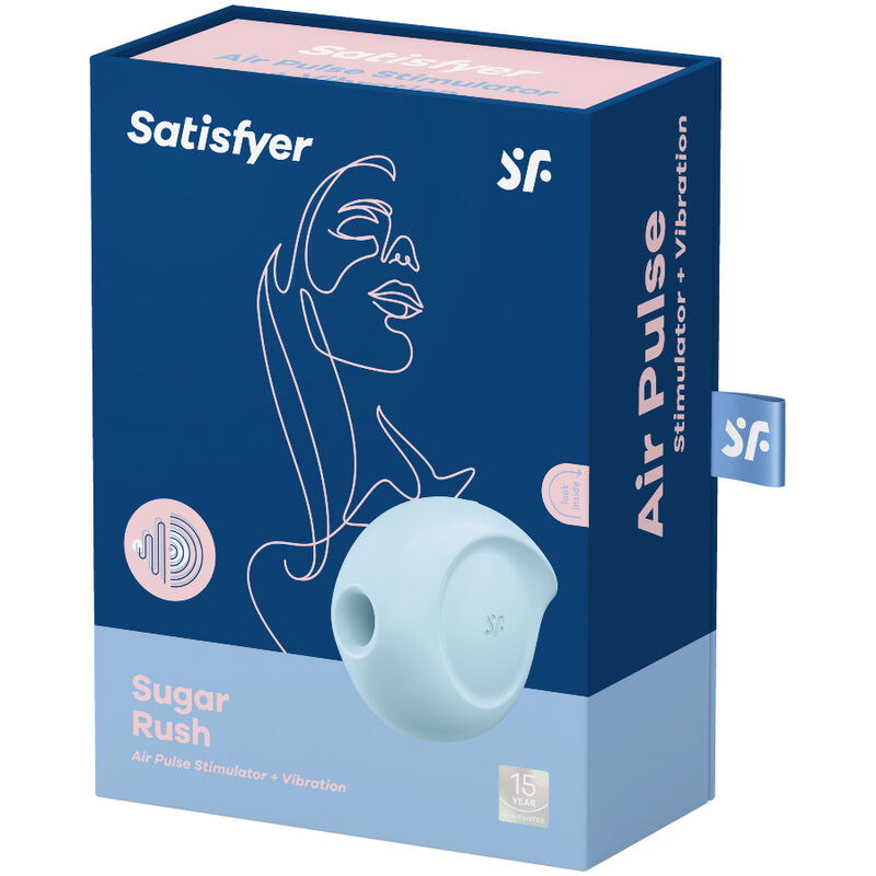 Satisfyer Sugar Rush – dunkelblaue Originalverpackung des hellblauen Klitorisstimulators mit Produktabbildung, Satisfyer Markenlogo und aufgedruckten Produktinformationen in schräger Verpackungsansicht auf weißem Hintergrund – erhältlich bei Evoria Care