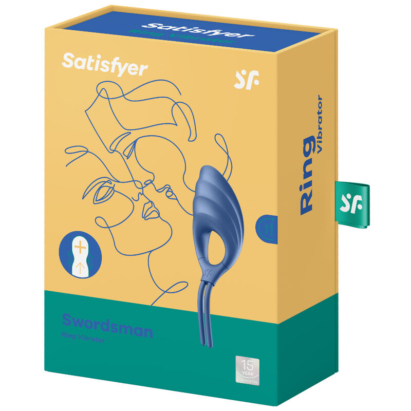 Satisfyer Swordsman – gelb-türkise Originalverpackung des blauen Intimvibrators mit Produktabbildung, Satisfyer Markenlogo und aufgedruckten Produktinformationen in schräger Verpackungsansicht auf weißem Hintergrund – erhältlich bei Evoria Care