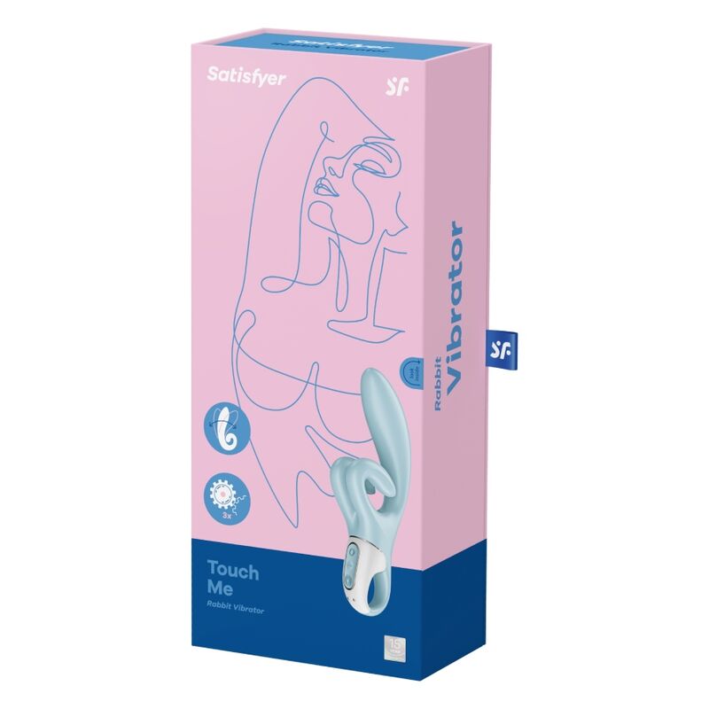 Satisfyer Touch Me – rosa-blaue Originalverpackung des hellblauen Mehrfach-Vibrators mit Produktabbildung, Satisfyer Markenlogo und aufgedruckten Produktinformationen in schräger Verpackungsansicht auf weißem Hintergrund – erhältlich bei Evoria Care