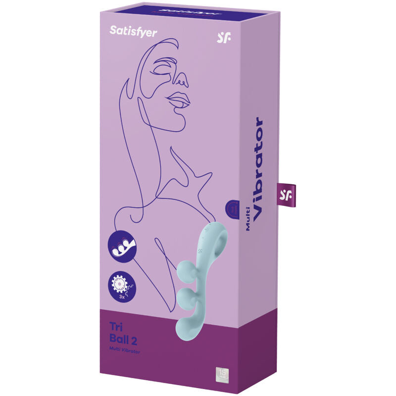 Satisfyer Tri Ball 2 – lilafarbene Originalverpackung des hellblauen Intimtoys mit Produktabbildung, Satisfyer Markenlogo und dekorativen Grafikelementen in schräger Verpackungsansicht auf weißem Hintergrund – erhältlich bei Evoria Care