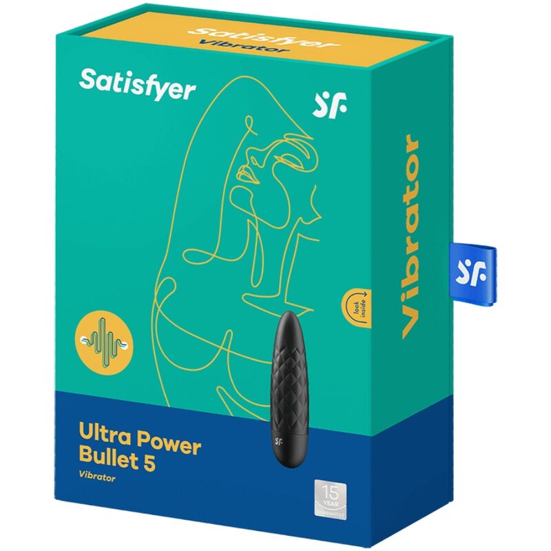Satisfyer Ultra Power Bullet 5 – türkis-gelbe Originalverpackung des Bullet-Vibrators mit Satisfyer Markenlogo, Produktinformationen und blauem unteren Verpackungsbereich in schräger Rückansicht auf weißem Hintergrund – erhältlich bei Evoria Care