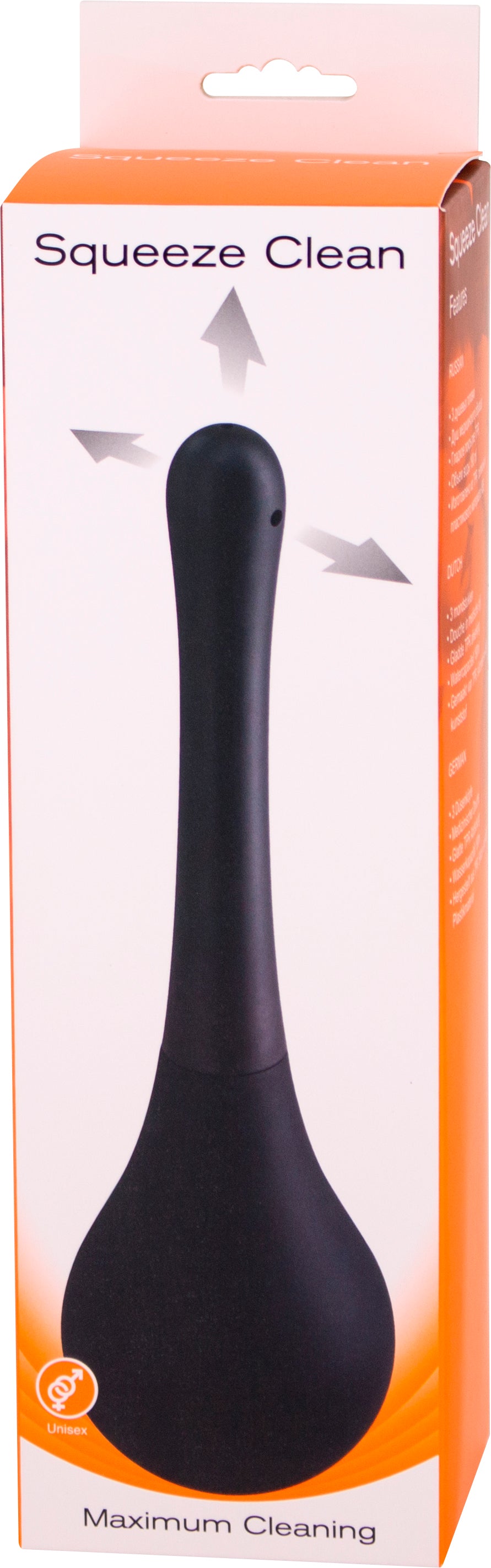 Seven Creations Squeeze Clean Intimdusche – Ansicht in der Originalverpackung mit schwarzer Intimdusche und Produktabbildung – erhältlich bei Evoria Care