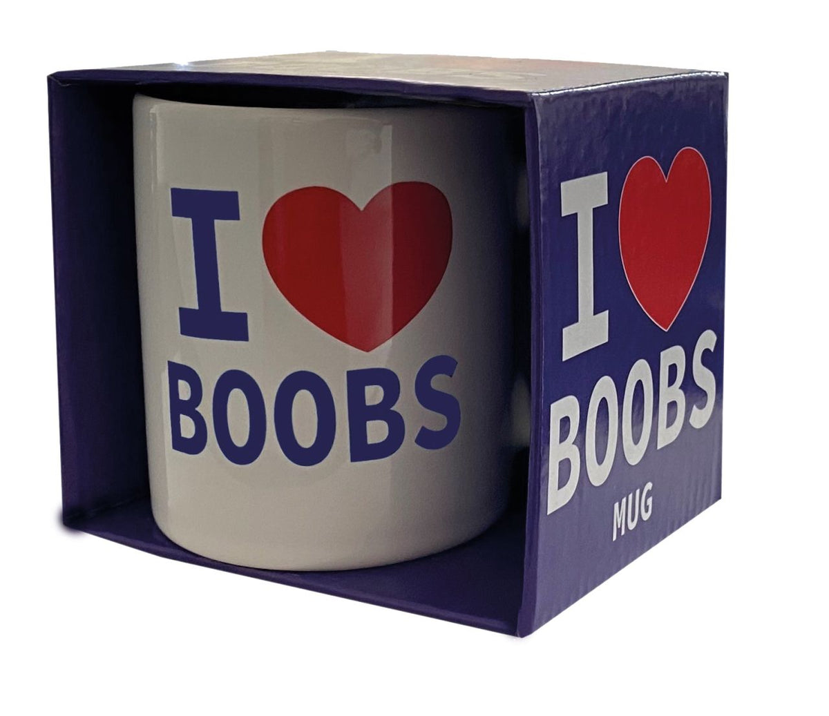 Spencer & Fleetwood I Love Boobs – dunkelblaue Originalverpackung der Kaffeetasse mit großem I LOVE BOOBS Schriftzug, rotem Herzmotiv und weißem Hintergrund auf zwei sichtbaren Verpackungsseiten in schräger Produktansicht – erhältlich bei Evoria Care