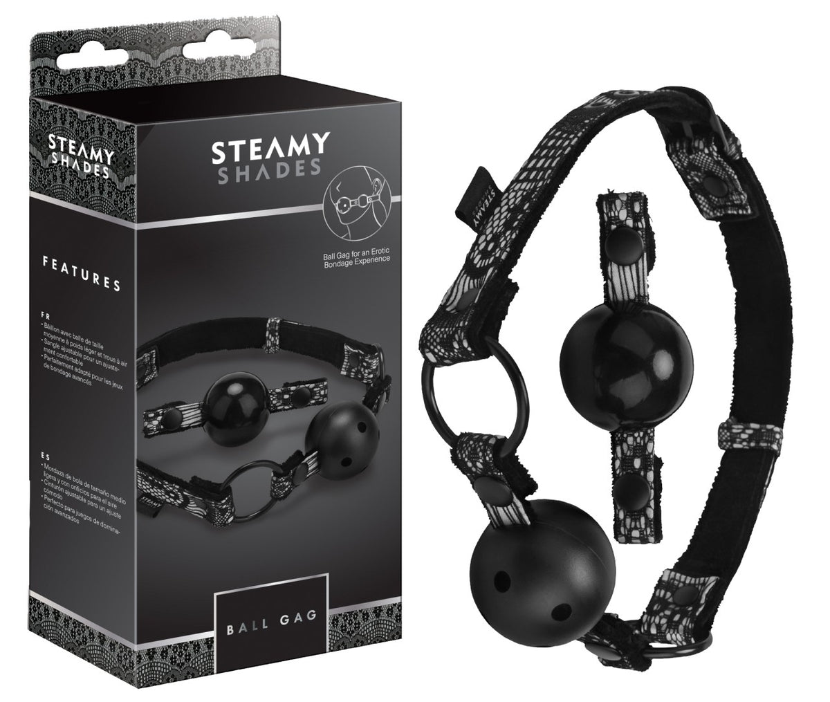 STEAMY SHADES Ball Gag Set schwarzer Ballknebel mit Silikon-Beißball und Atemöffnungen, verstellbarem Kopfriemen, silberfarbenen Metallringen und Schnallen, dargestellt neben der schwarzen Originalverpackung – erhältlich bei Evoria Care