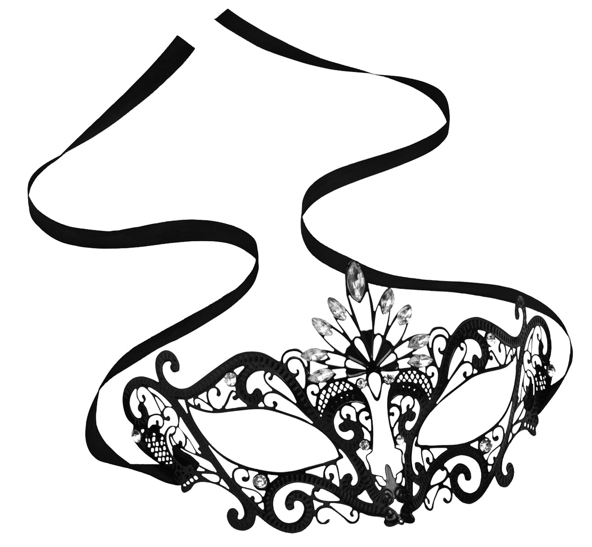 STEAMY SHADES Bling Bling Orgi Mask dekorative Augenmaske in Schwarz und Silber mit filigranen Ornamenten, glänzenden Schmuckelementen und langen schwarzen Befestigungsbändern in freigestellter Gesamtansicht auf weißem Hintergrund – erhältlich bei Evoria Care