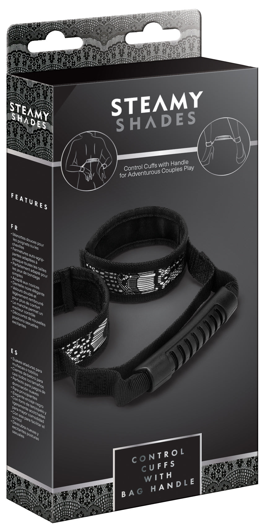 STEAMY SHADES Control Cuffs gepolsterte Hand- und Fußfesseln mit Kontrollgriff in schwarzer Originalverpackung mit Abbildung der verstellbaren Fesselmanschetten und STEAMY SHADES Markenlogo – erhältlich bei Evoria Care