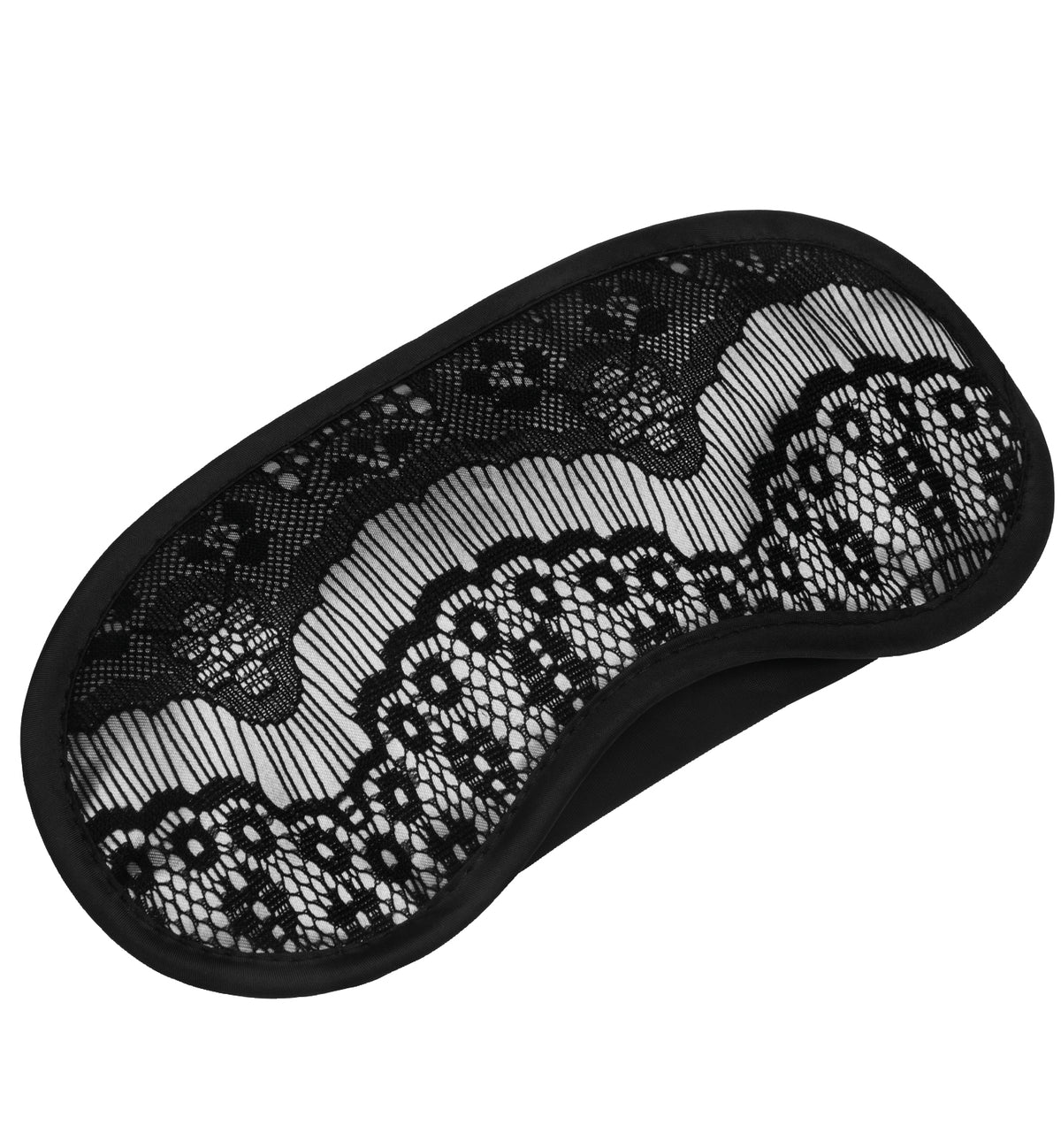 STEAMY SHADES Eyelash Lace Eyemask schwarze Satin-Augenmaske mit filigraner floraler Wimpernspitze, geschwungener Augenpartie und dekorativem Spitzenmuster in freigestellter Draufsicht auf weißem Hintergrund – erhältlich bei Evoria Care