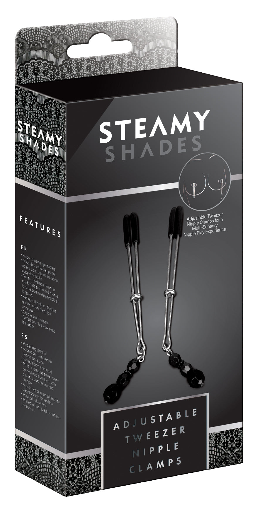 STEAMY SHADES verstellbare Pinzetten-Nippelklemmen mit schwarzen Schutzkappen und dekorativen Perlen in schwarzer Originalverpackung mit Produktabbildung und STEAMY SHADES Markenlogo in frontaler Ansicht – erhältlich bei Evoria Care